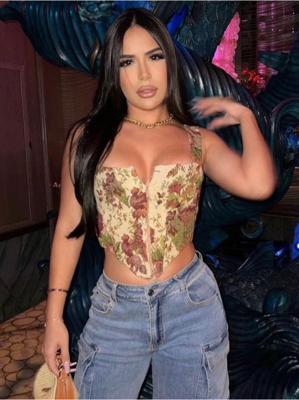 Floral Tapestry Corset Crop Top - Cream Multi Size S